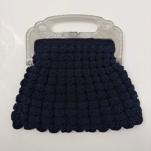 VINTAGE 30s Popcorn Crochet Navy Blue Peacock Handle Evening Bag - Picture 2 of 15